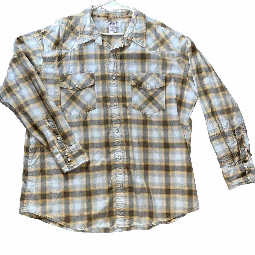 Big Mac Work Wear Mens XXL Shirt Brown Plaid Cotton Pearl Snaps LS Retro Western